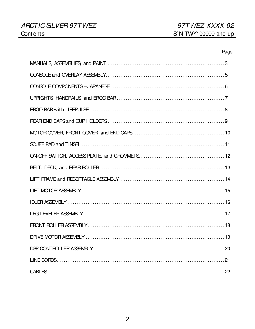 Life Fitness 97twez manual Arctic Silver 97TWEZ 97TWEZ-XXXX-02, Contents 