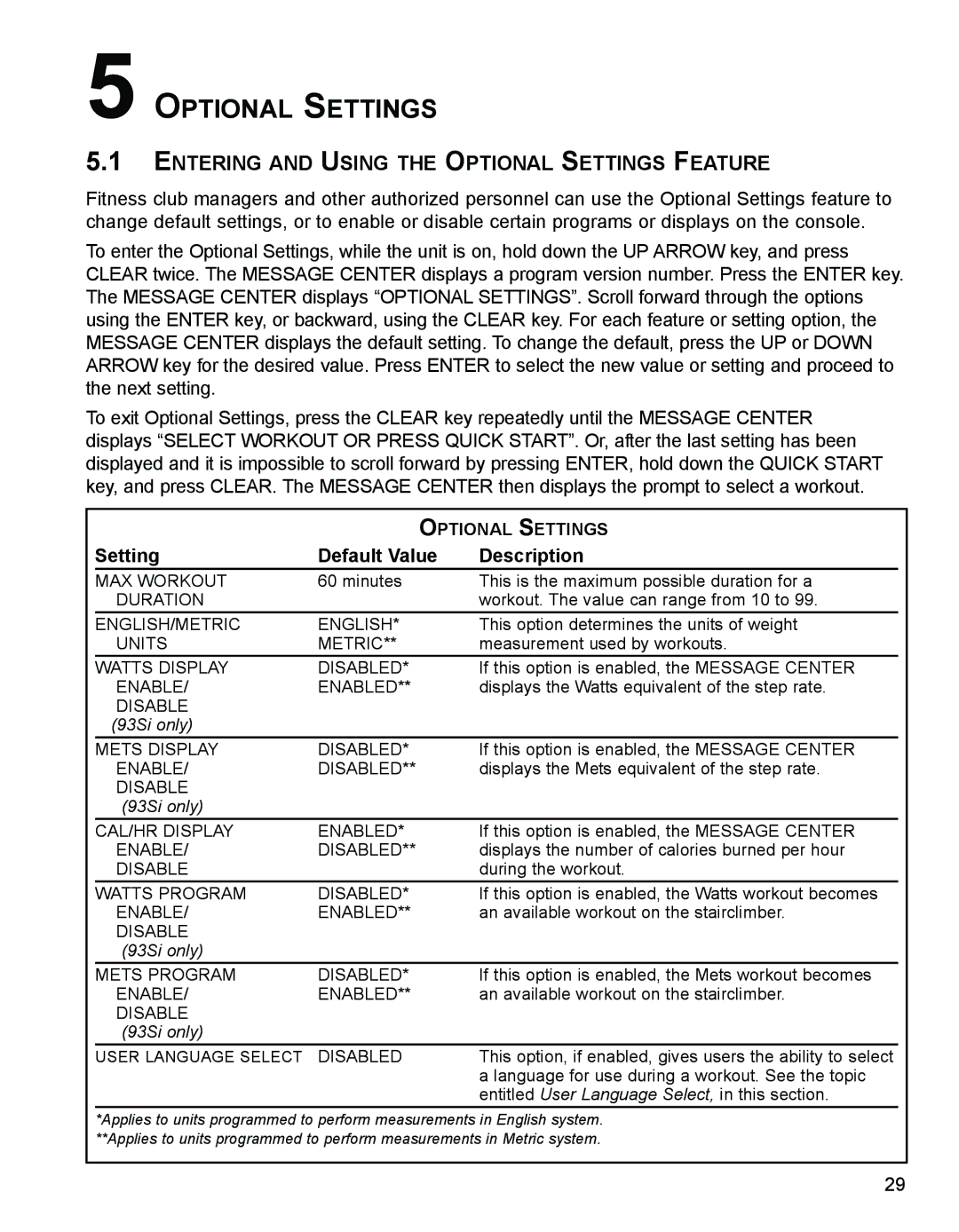 Life Fitness 93SI, 9SI Entering and Using the Optional Settings Feature, Setting Default Value Description 