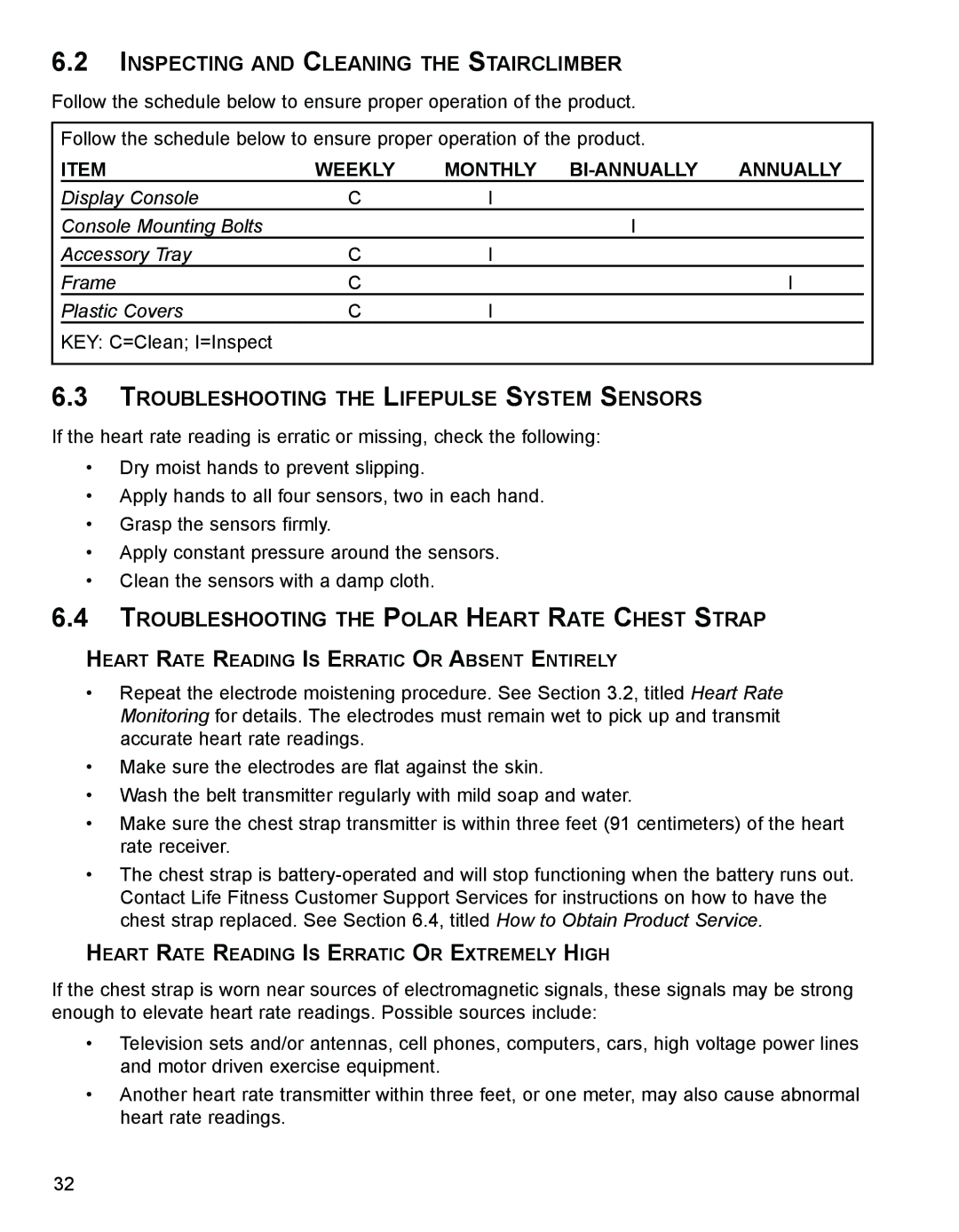 Life Fitness 9SI, 93SI specifications Inspecting and Cleaning the Stairclimber, Troubleshooting the Lifepulse System Sensors 