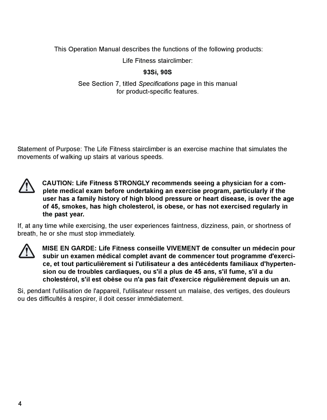 Life Fitness 9SI, 93SI specifications 93Si, 90S 