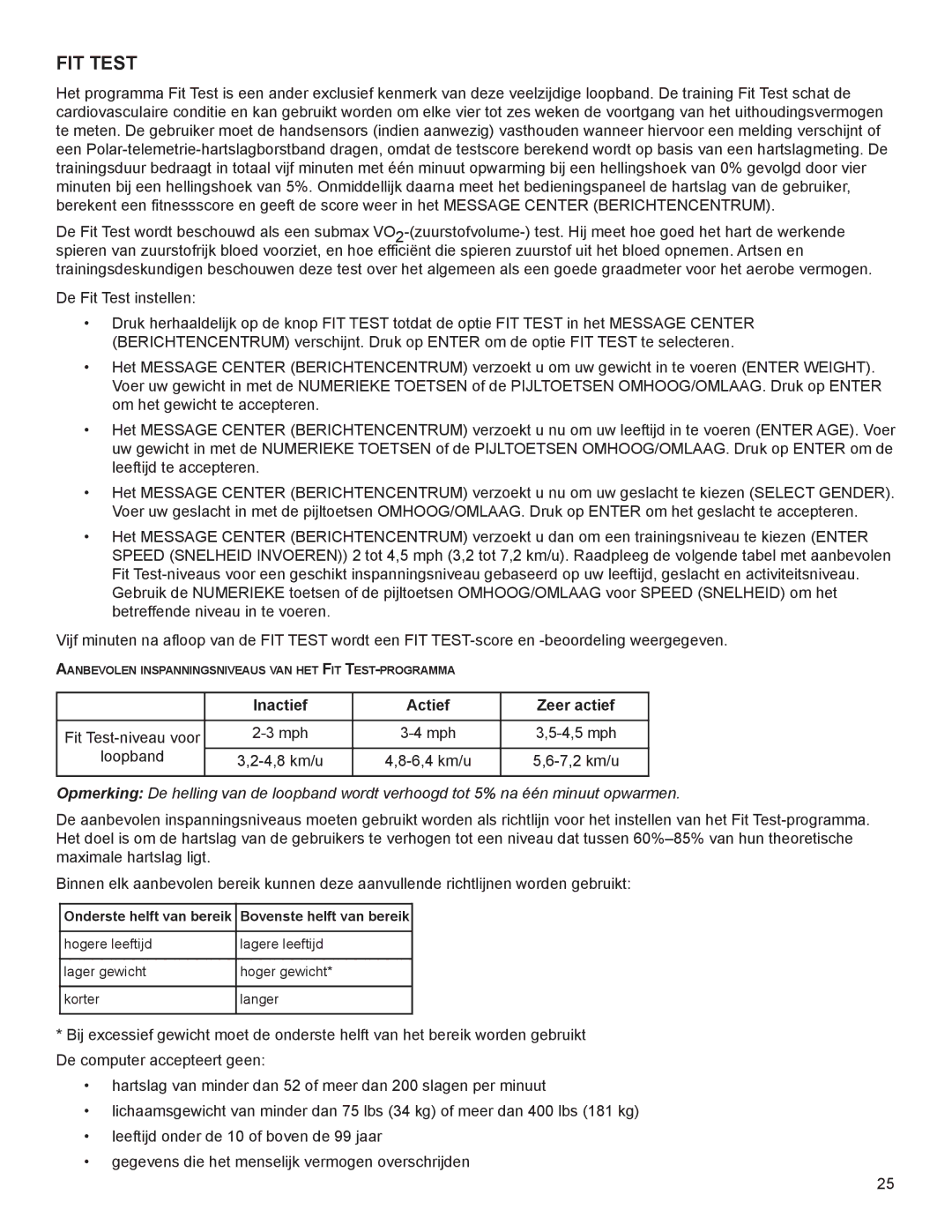 Life Fitness A100, 00K60 manual FIT TesT, Loopband, Onderste helft van bereik Bovenste helft van bereik 