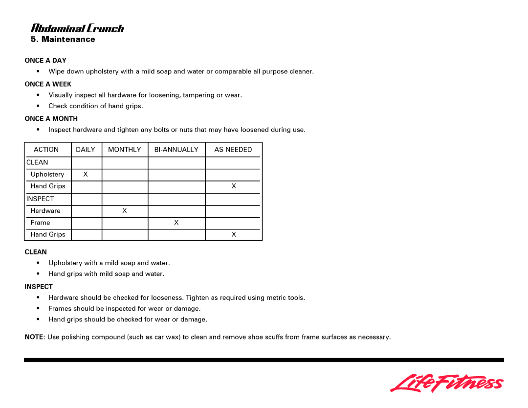 Life Fitness Ab Crunch Bench owner manual Maintenance 