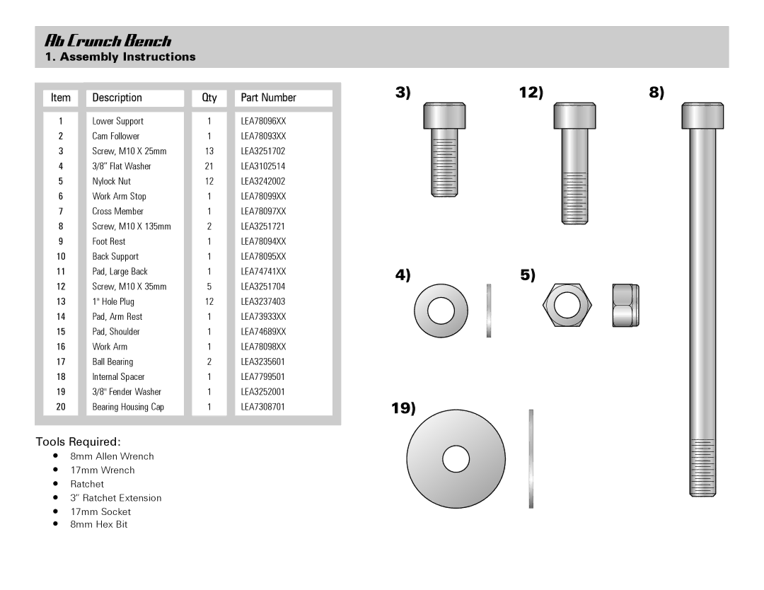 Life Fitness Ab Crunch Bench owner manual Assembly Instructions 