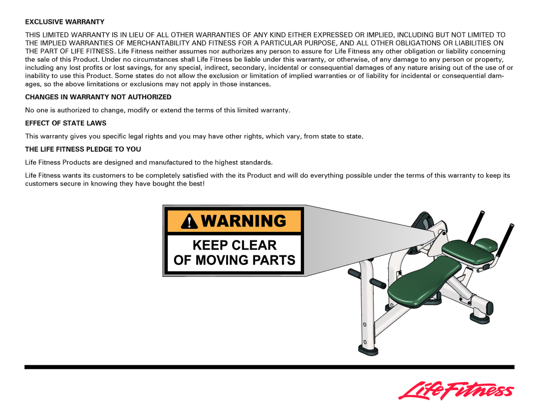 Life Fitness Ab Crunch Bench owner manual Exclusive Warranty, Changes in Warranty not Authorized, Effect of State Laws 