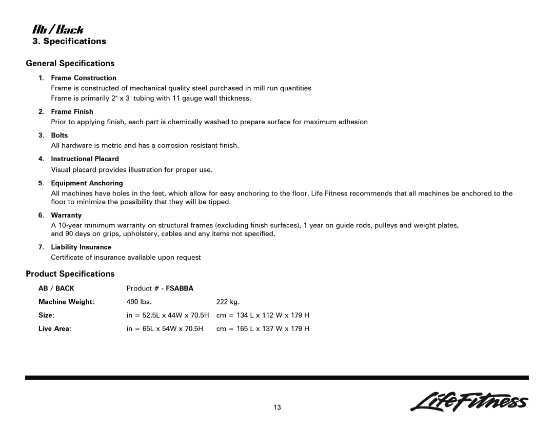 Life Fitness Ab/Back Machine owner manual Specifications General Specifications, Product Specifications, AB / Back 