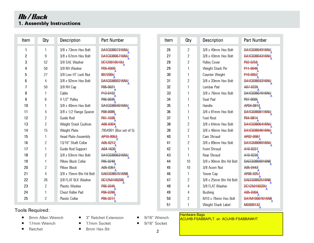 Life Fitness Ab/Back Machine owner manual Ab / Back, Assembly Instructions 