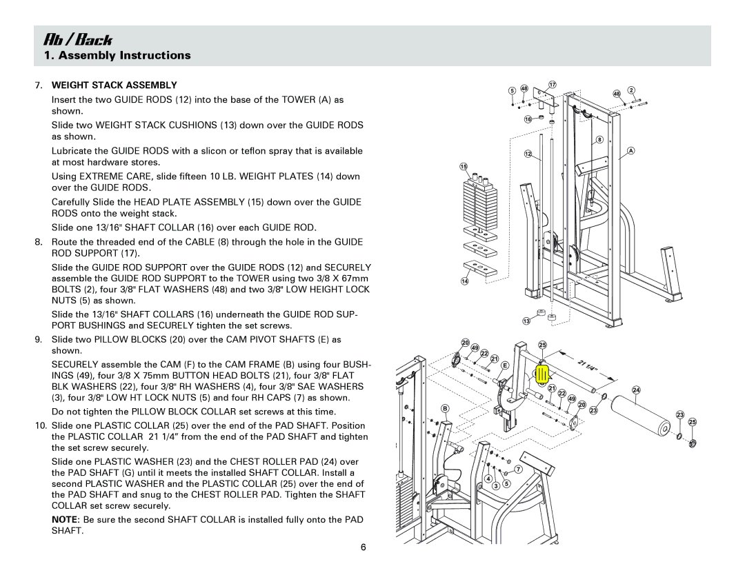 Life Fitness Ab/Back Machine owner manual Weight Stack Assembly 