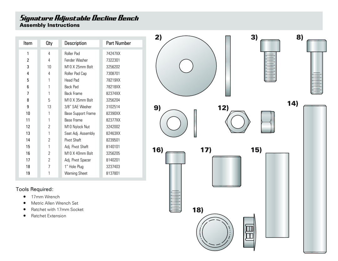 Life Fitness Adjustable Decline Bench owner manual Assembly Instructions, Qty Description Part Number 