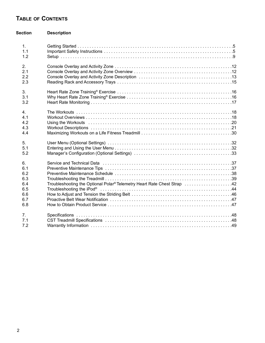 Life Fitness B098 operation manual Table of ConTenTs 