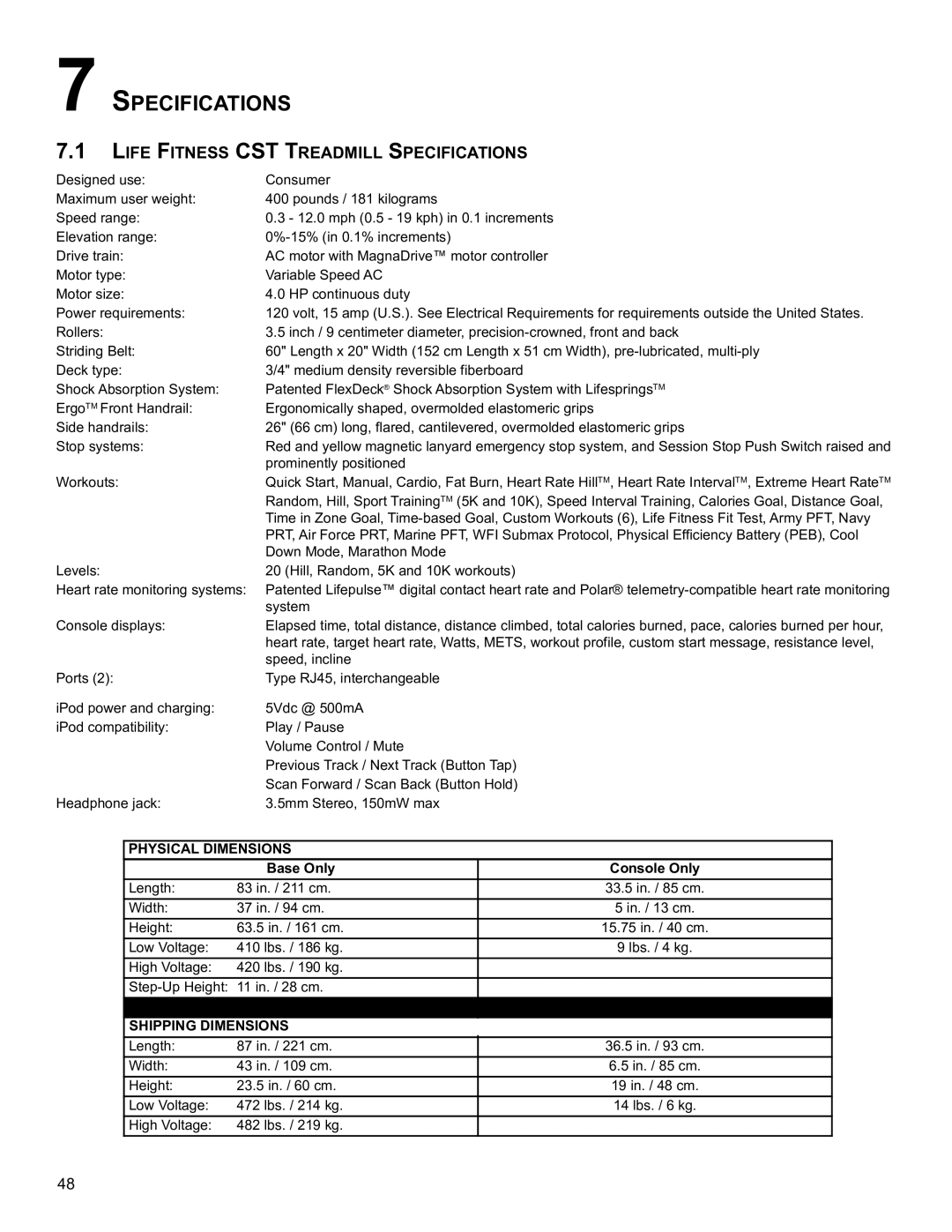 Life Fitness B098 operation manual SPeCIfICaTIons, LIfe fITness CsT TreaDMIll sPeCIfICaTIons 