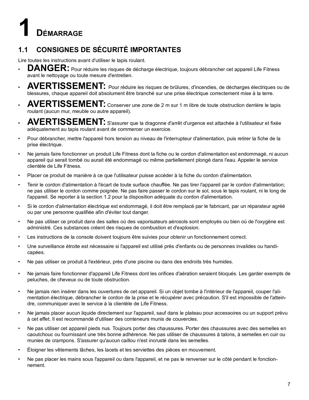 Life Fitness B098 operation manual ConsIGnes De séCUrITé IMPorTanTes, DéMarraGe 