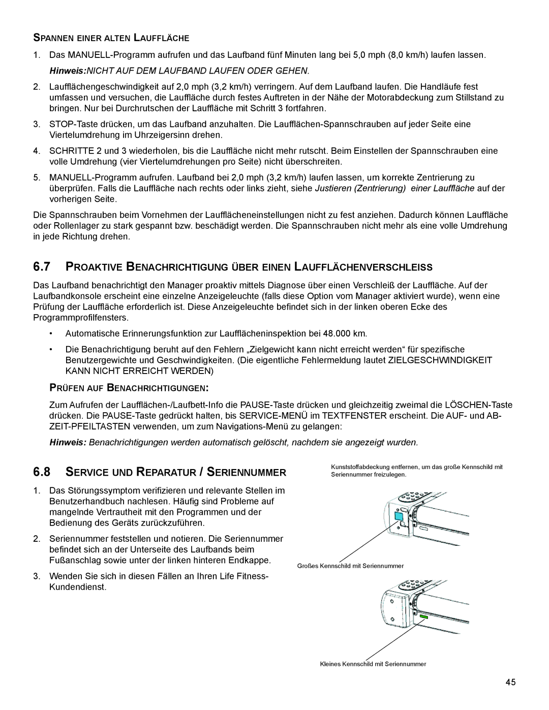 Life Fitness B099 manual PROaktIVe BenaChRIChtIGUnG ÜBeR eInen laUfflÄChenVeRSChleISS, SeRVICe Und RePaRatUR / SeRIennUMMeR 