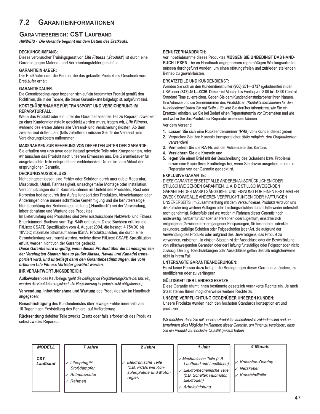 Life Fitness B099 manual GaRantIeInfORMatIOnen, DeCkunGsumFanG 