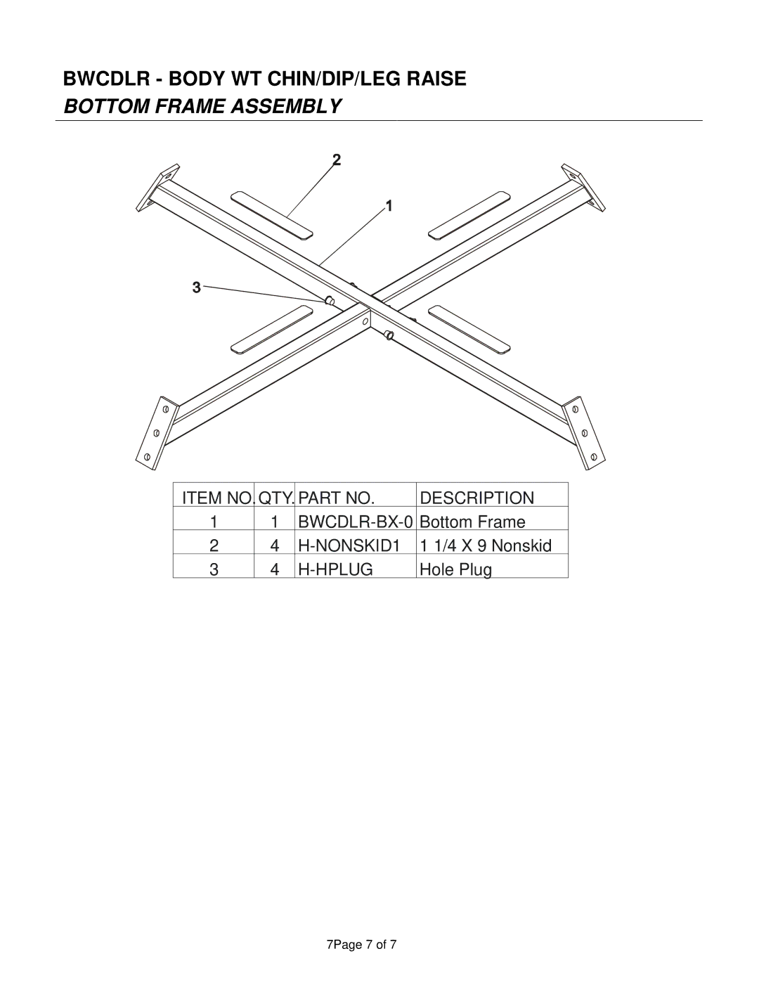 Life Fitness BWCDLR manual Bwcdlr Body WT CHIN/DIP/LEG Raise Bottom Frame Assembly 