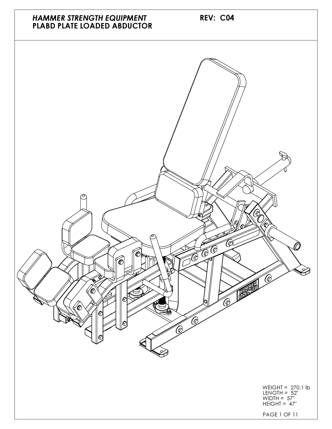 Life Fitness C04 manual Hammer Strength Equipment, Plabd Plate Loaded Abductor 