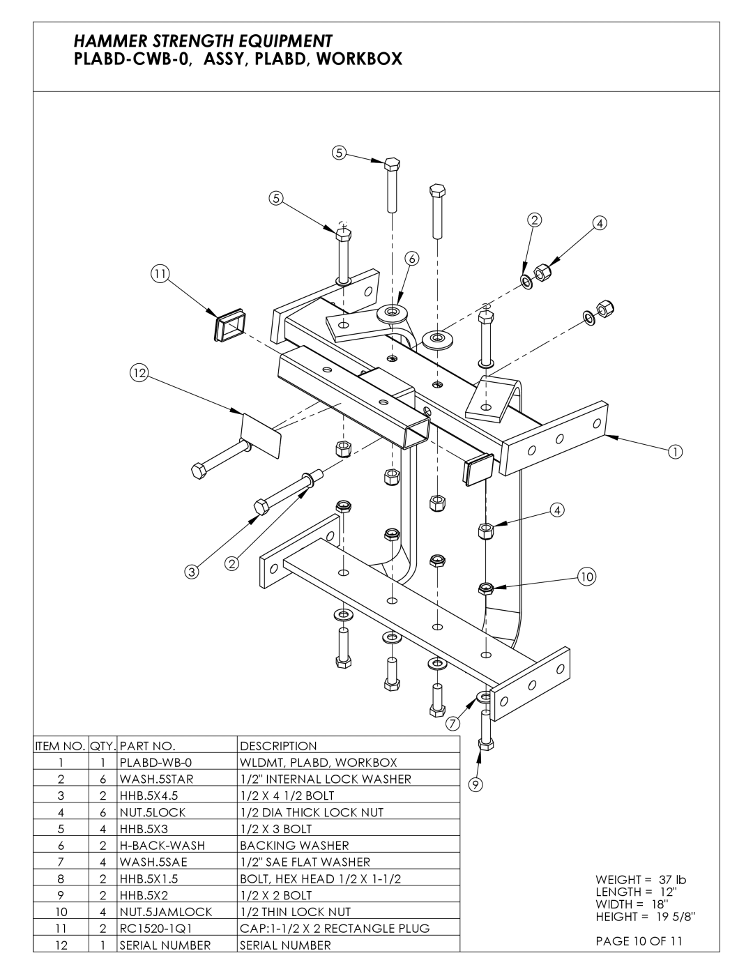 Life Fitness C04 manual Hammer Strength Equipment PLABD-CWB-0, ASSY, PLABD, Workbox 