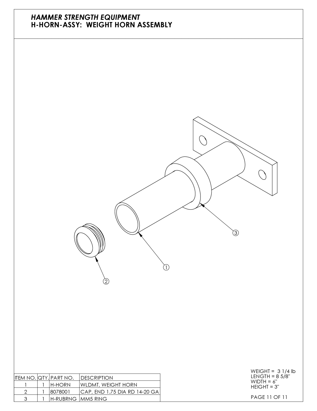 Life Fitness C04 manual Hammer Strength Equipment H-HORN-ASSY Weight Horn Assembly 