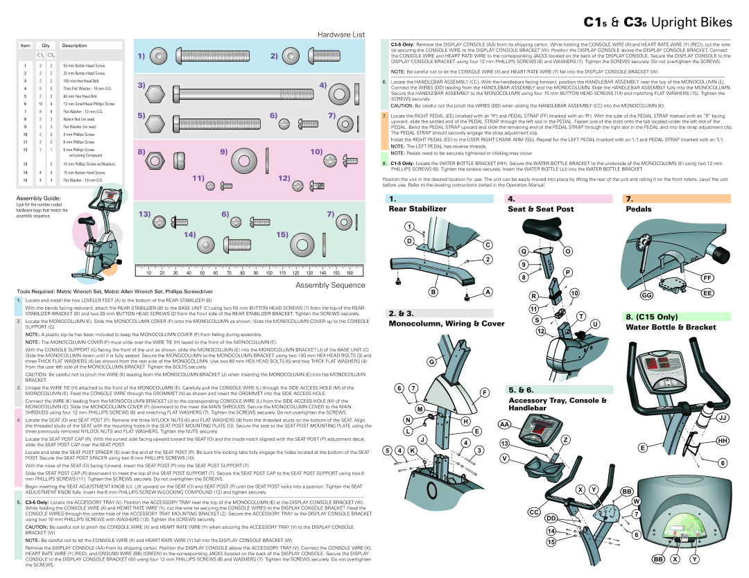 Life Fitness operation manual C15 & C35 Upright Bikes, Hardware List, Rear Stabilizer Seat & Seat Post Pedals 