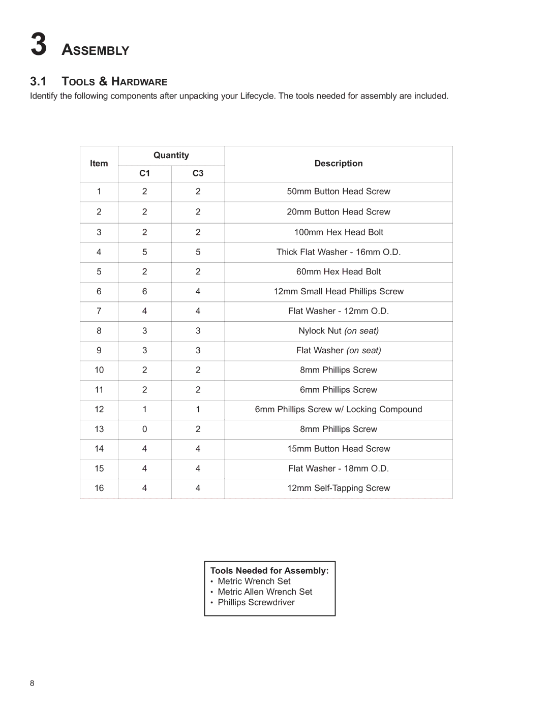 Life Fitness C2, C1 / C3 owner manual Assembly, Tools & Hardware 