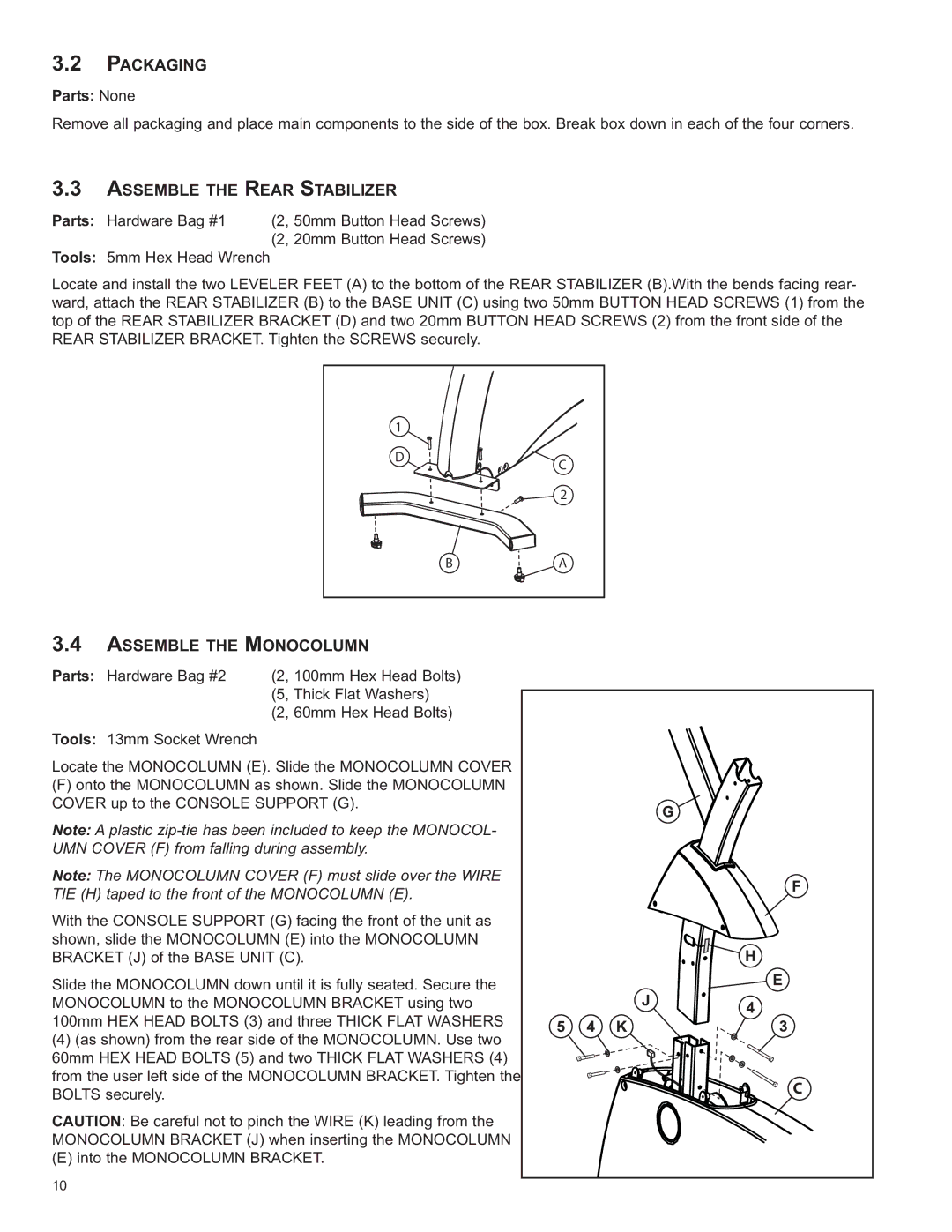 Life Fitness C2, C1 / C3 owner manual Packaging, Assemble the Rear Stabilizer, Assemble the Monocolumn 