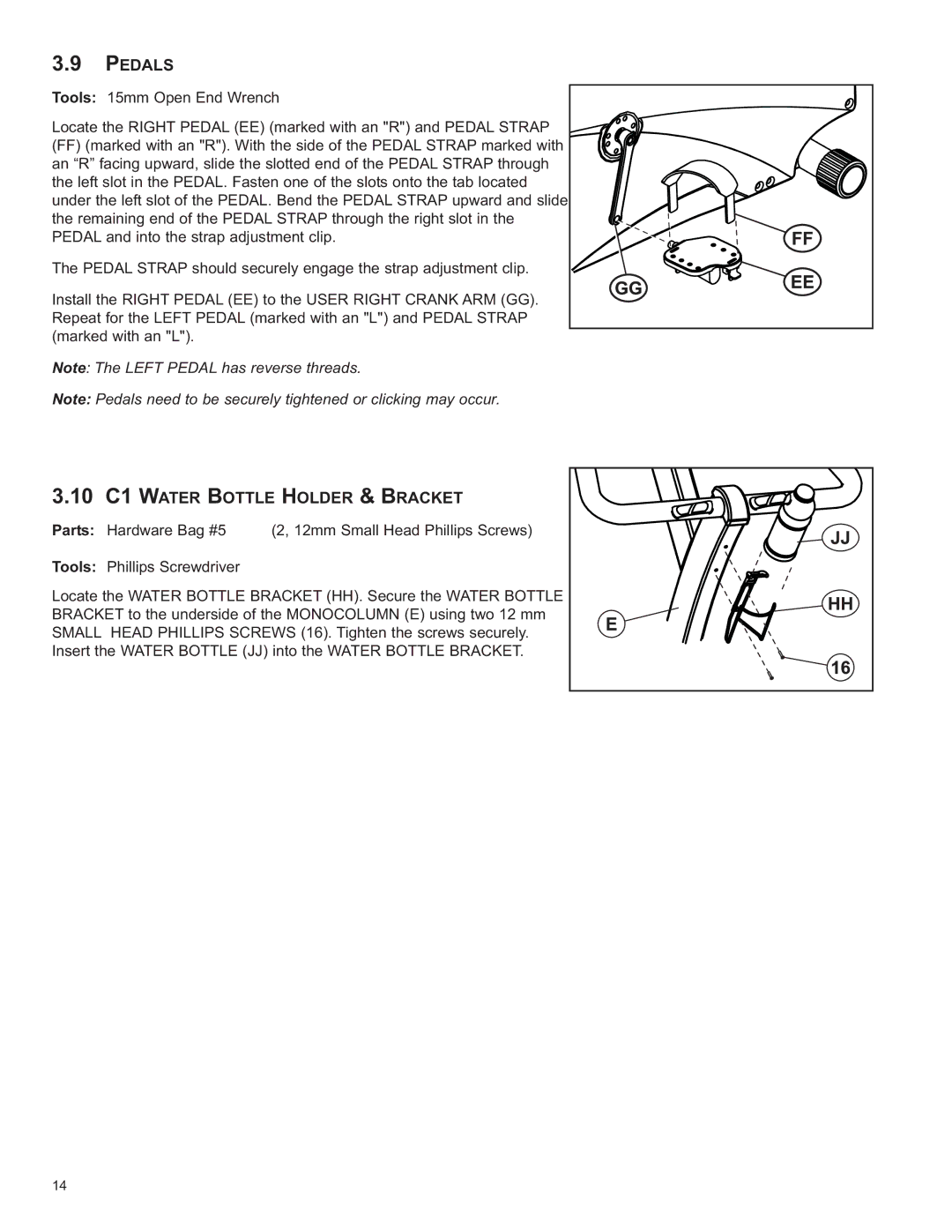 Life Fitness C2, C1 / C3 owner manual Pedals, 10 C1 Water Bottle Holder & Bracket 