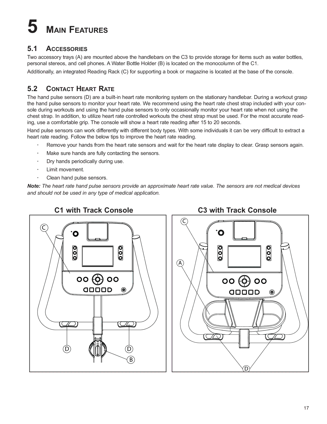 Life Fitness C1 / C3, C2 owner manual Main Features, Accessories, Contact Heart Rate 