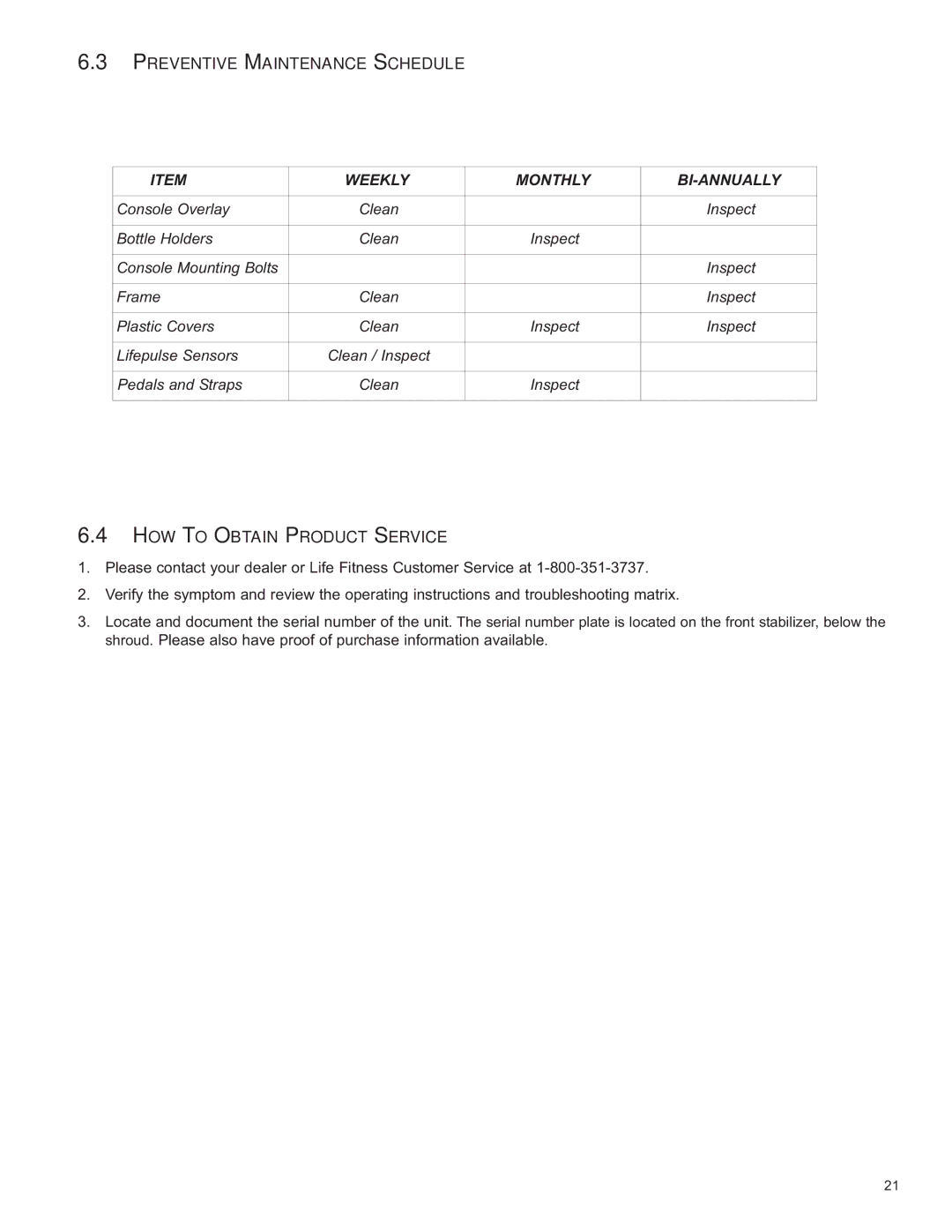 Life Fitness C1 / C3, C2 owner manual Preventive Maintenance Schedule, HOW to Obtain Product Service 