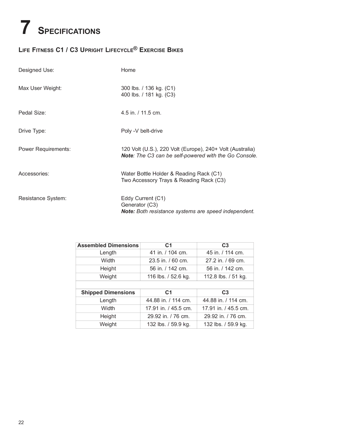 Life Fitness C2, C1 / C3 owner manual Specifications, Assembled Dimensions 