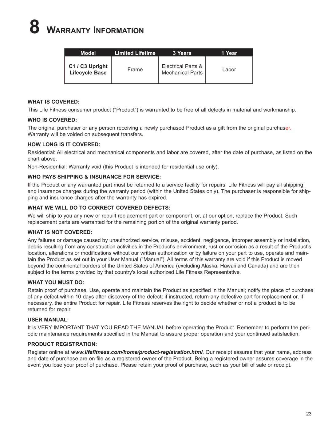 Life Fitness C2, C1 / C3 owner manual Warranty Information, What is Covered 