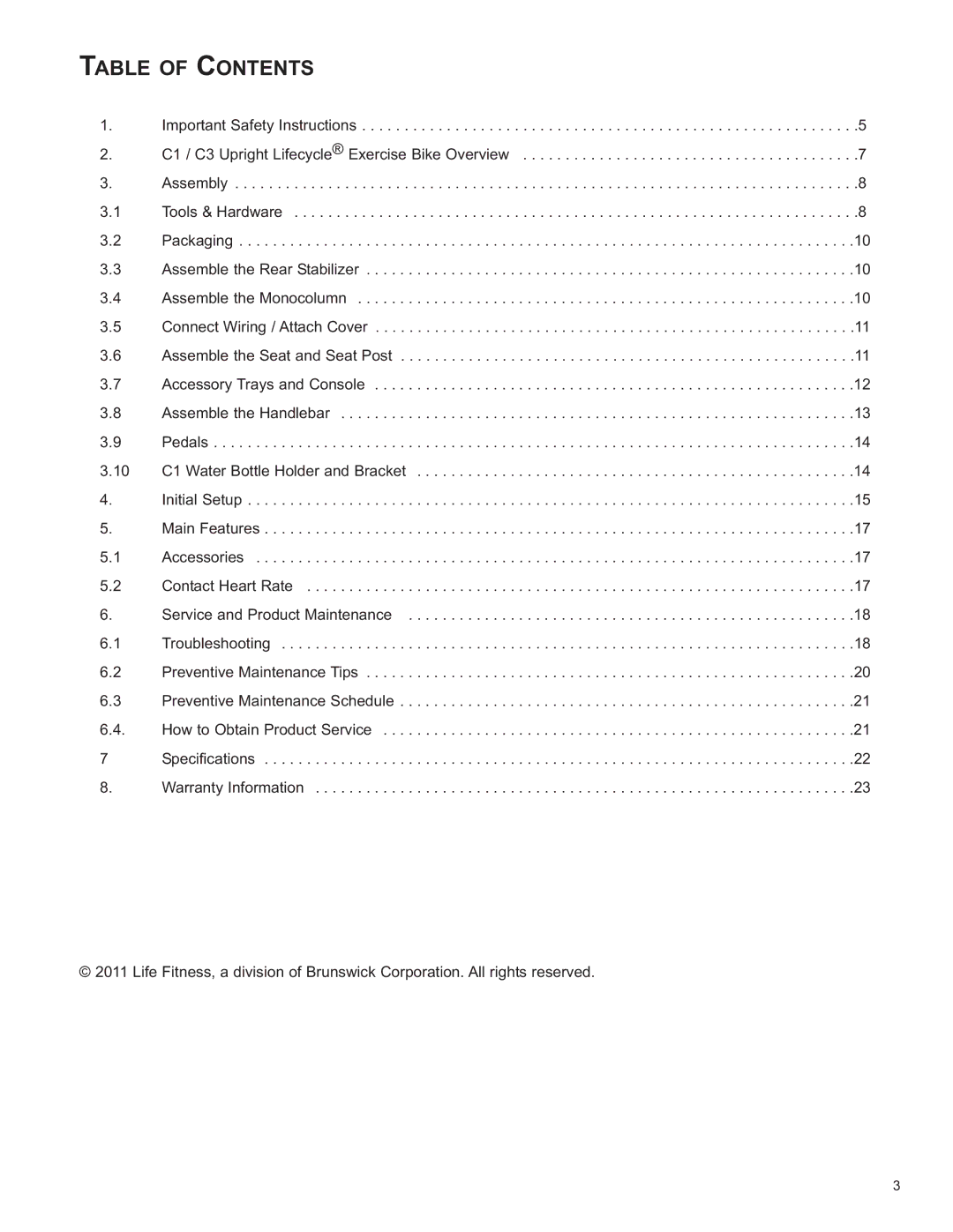 Life Fitness C2, C1 / C3 owner manual Table of Contents 