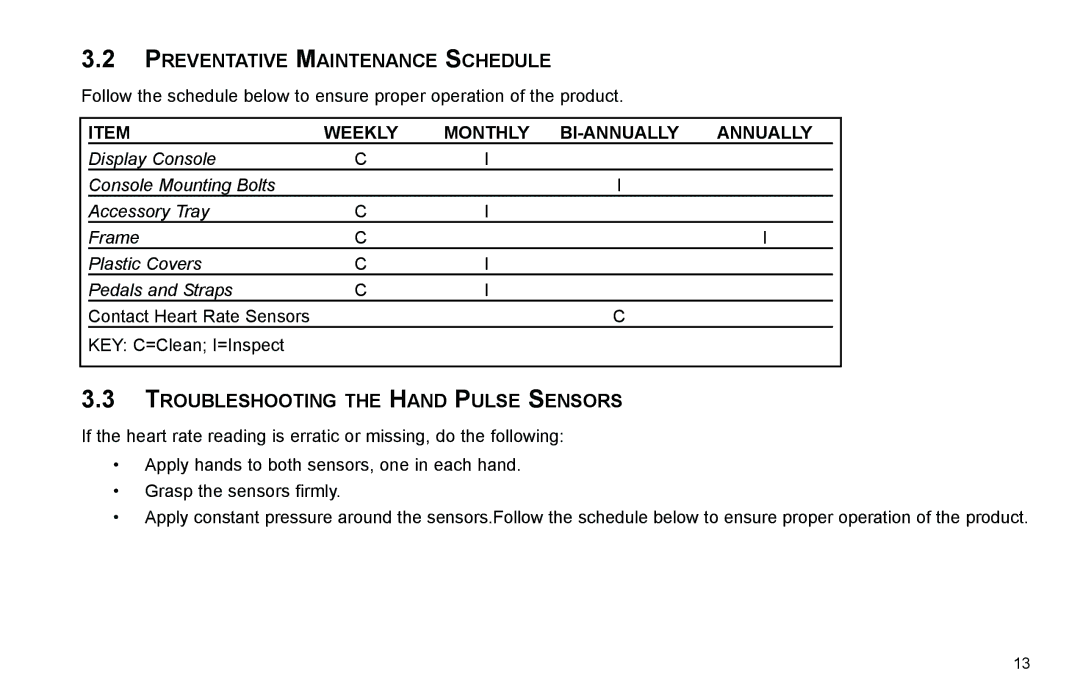 Life Fitness C3, C1 user manual Preventative Maintenance Schedule, Troubleshooting the Hand Pulse Sensors 