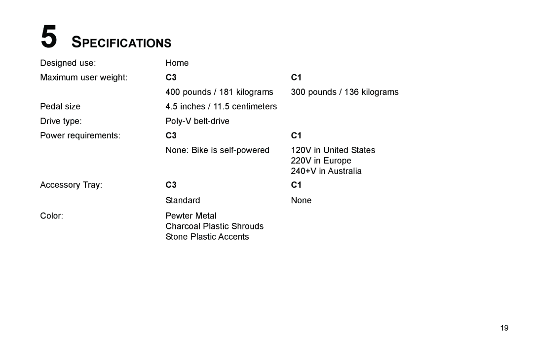 Life Fitness C3, C1 user manual Specifications 