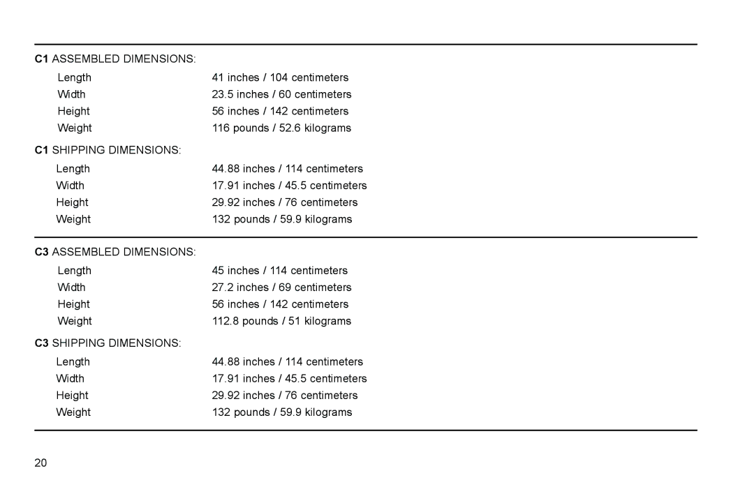 Life Fitness C3 user manual C1 Assembled Dimensions 