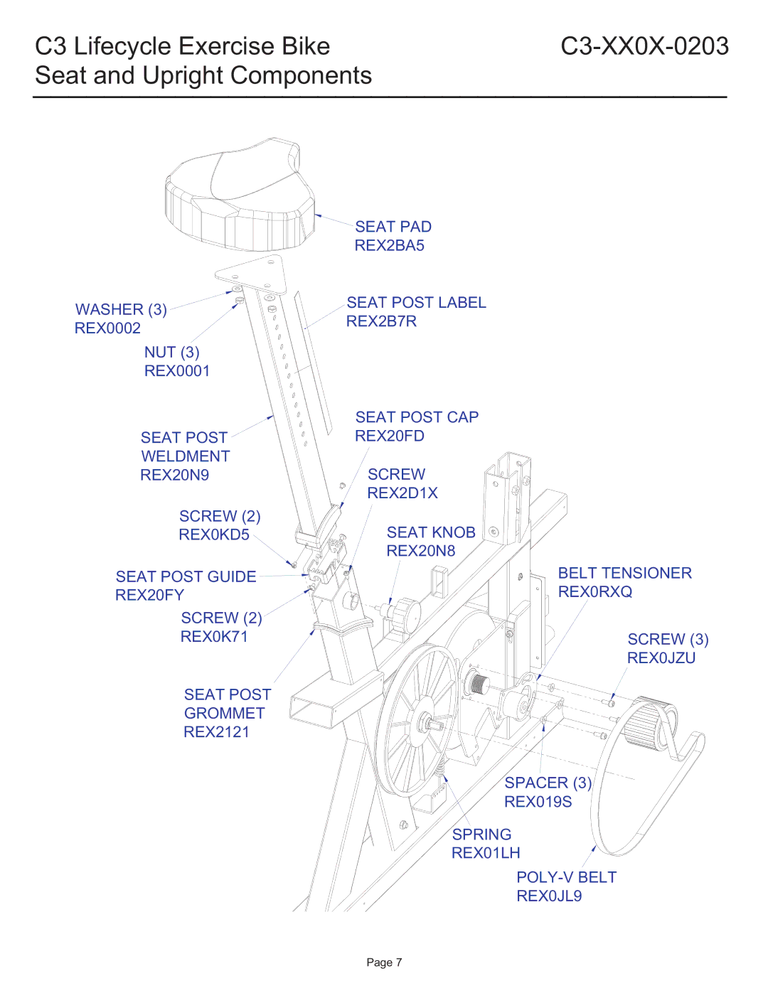 Life Fitness C3-XXOX-0203 manual Seat PAD REX2BA5 Washer Seat Post Label REX2B7R 