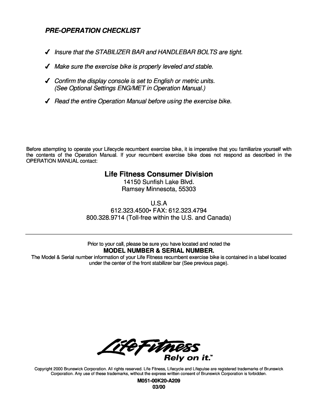 Life Fitness C7, C9 manual Life Fitness Consumer Division, Pre-Operation Checklist, Toll-free within the U.S. and Canada 