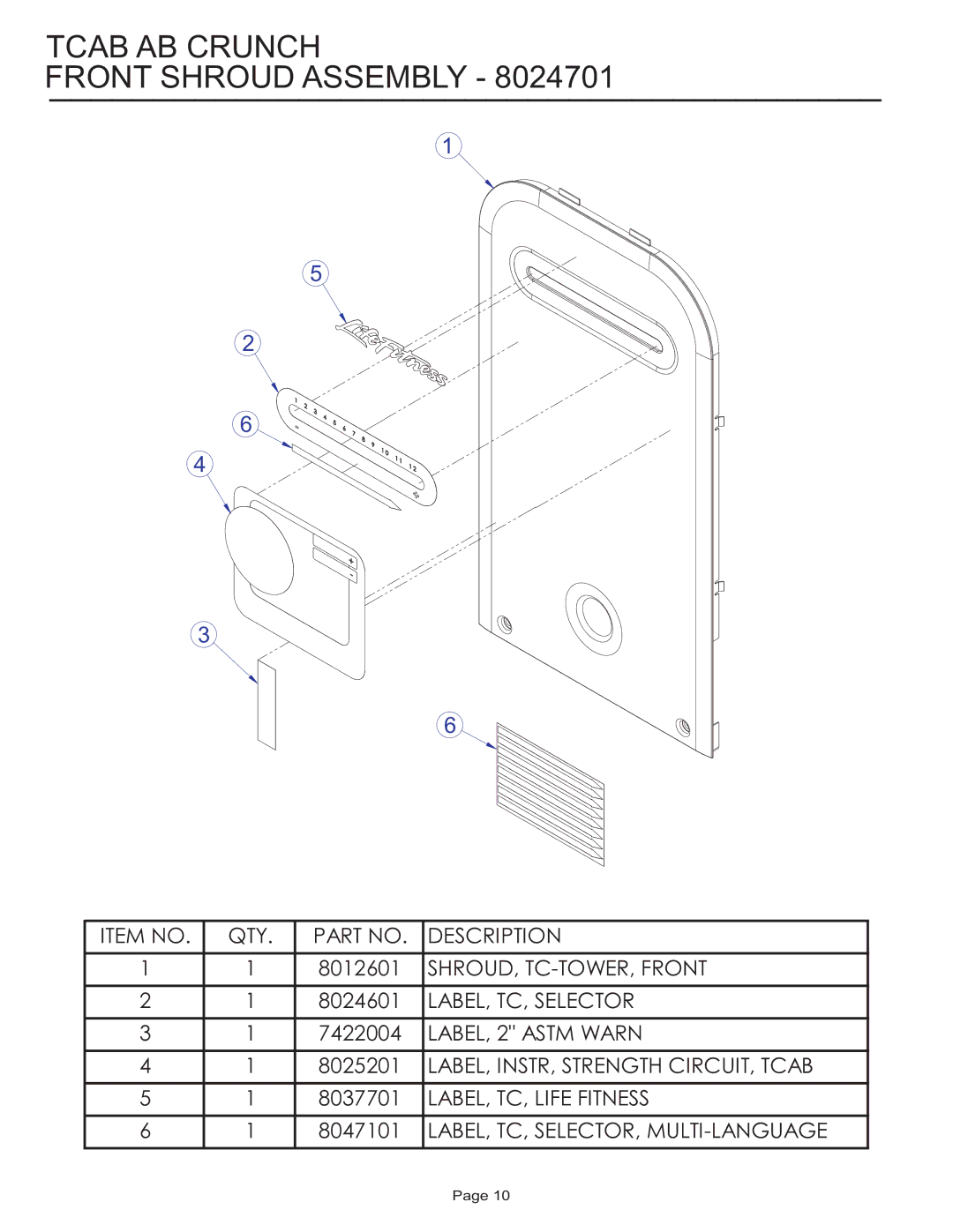 Life Fitness Circuit Series manual Tcab AB Crunch Front Shroud Assembly 