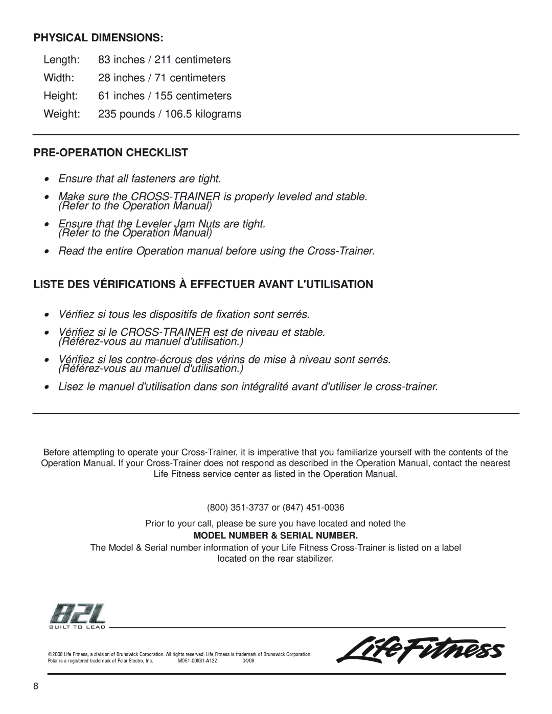 Life Fitness CL5X manual PRE-OPERATION Checklist 