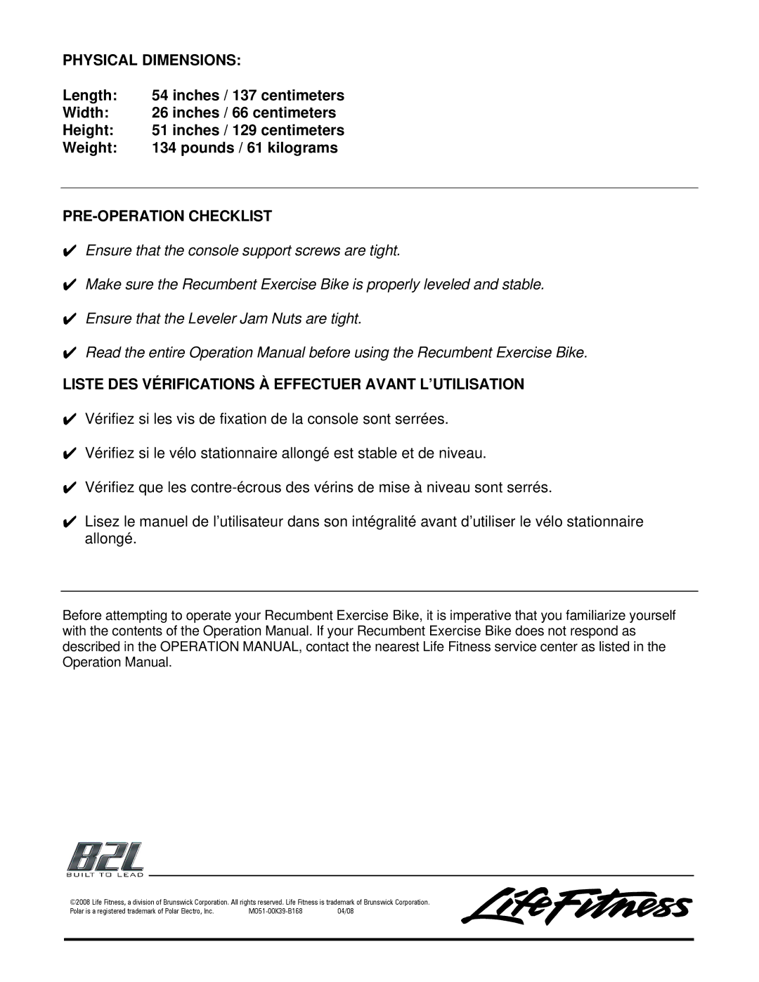 Life Fitness Classic Series manual Physical Dimensions 