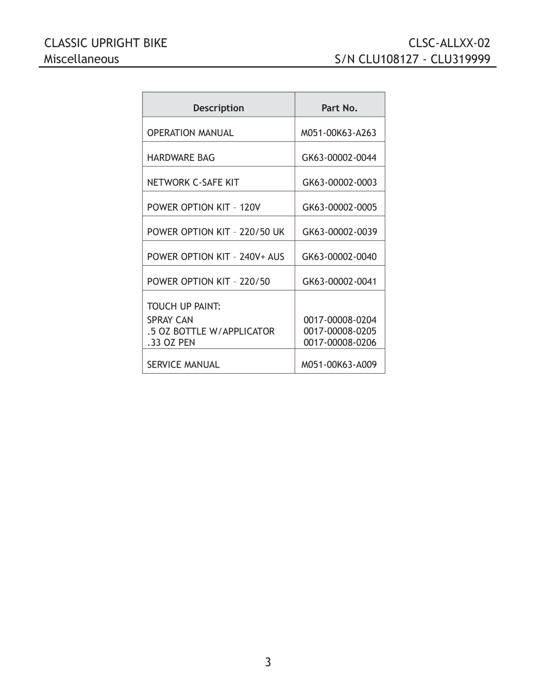 Life Fitness CLSC-ALLXX-02 manual Miscellaneous, Description 