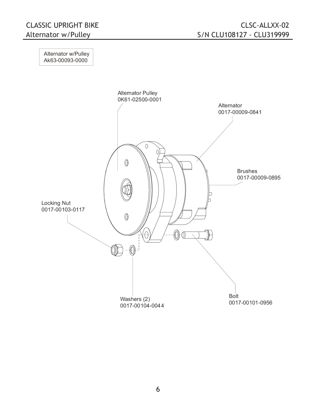 Life Fitness CLSC-ALLXX-02 manual Alternator w/Pulley 