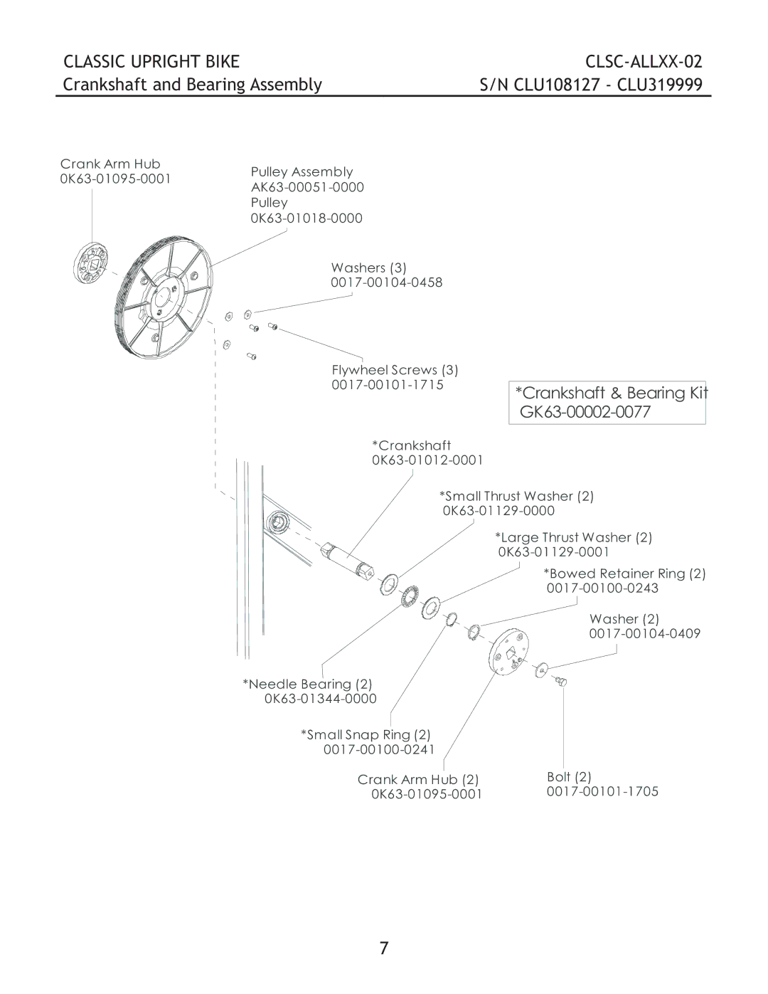 Life Fitness CLSC-ALLXX-02 manual Crankshaft and Bearing Assembly, Crankshaft & Bearing Kit GK63-00002-0077 
