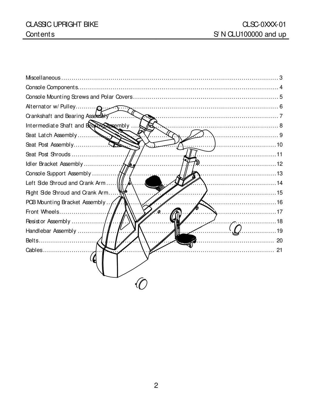 Life Fitness CLSC-XXXX-01 manual Classic Upright Bike CLSC-0XXX-01, Contents 