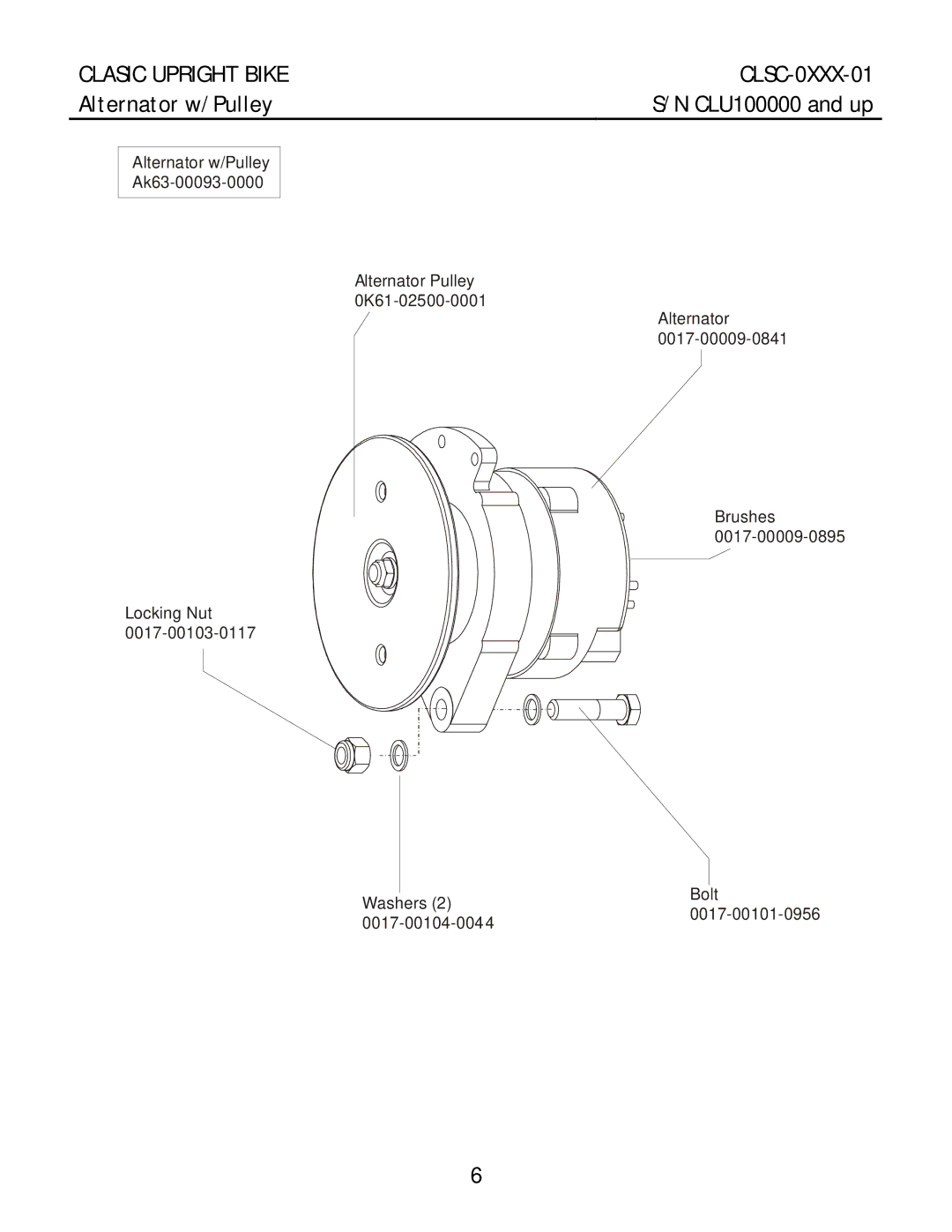 Life Fitness CLSC-XXXX-01 manual Alternator w/Pulley, CLSC-0XXX-01 S/N CLU100000 and up 