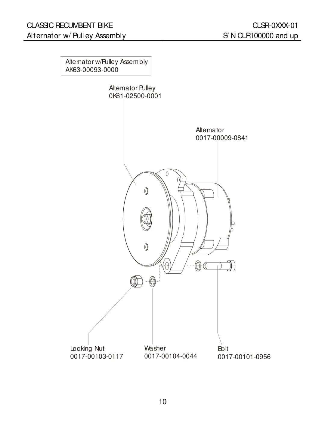 Life Fitness CLSR-0XXX-01 manual Alternator w/Pulley Assembly 