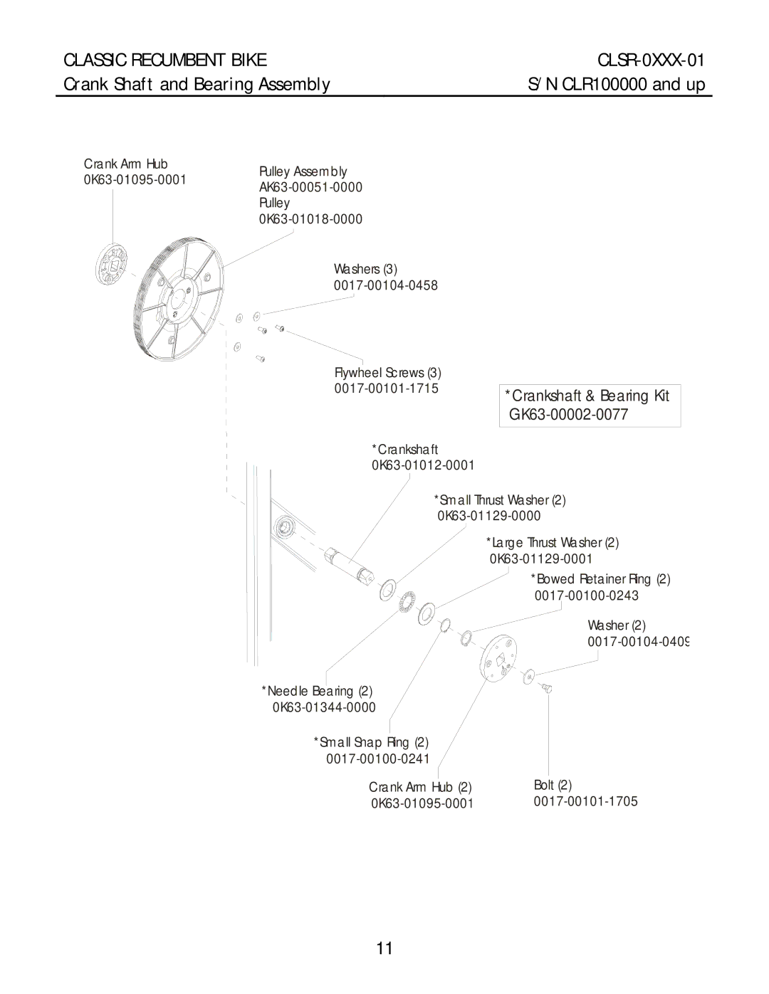 Life Fitness CLSR-0XXX-01 manual Crank Shaft and Bearing Assembly, 0017-00101-1715*Crankshaft & Bearing Kit GK63-00002-0077 