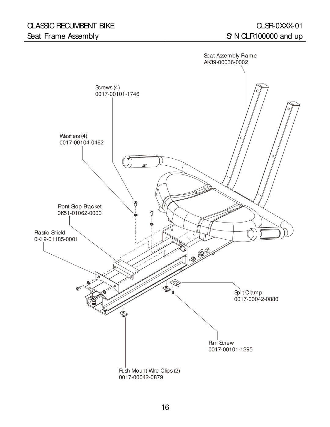 Life Fitness CLSR-0XXX-01 manual Seat Frame Assembly CLR100000 and up 