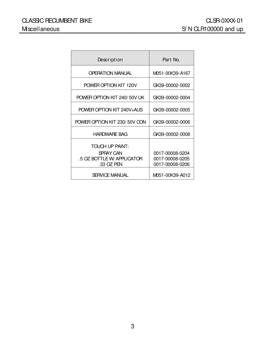 Life Fitness CLSR-0XXX-01 manual Miscellaneous, Description 