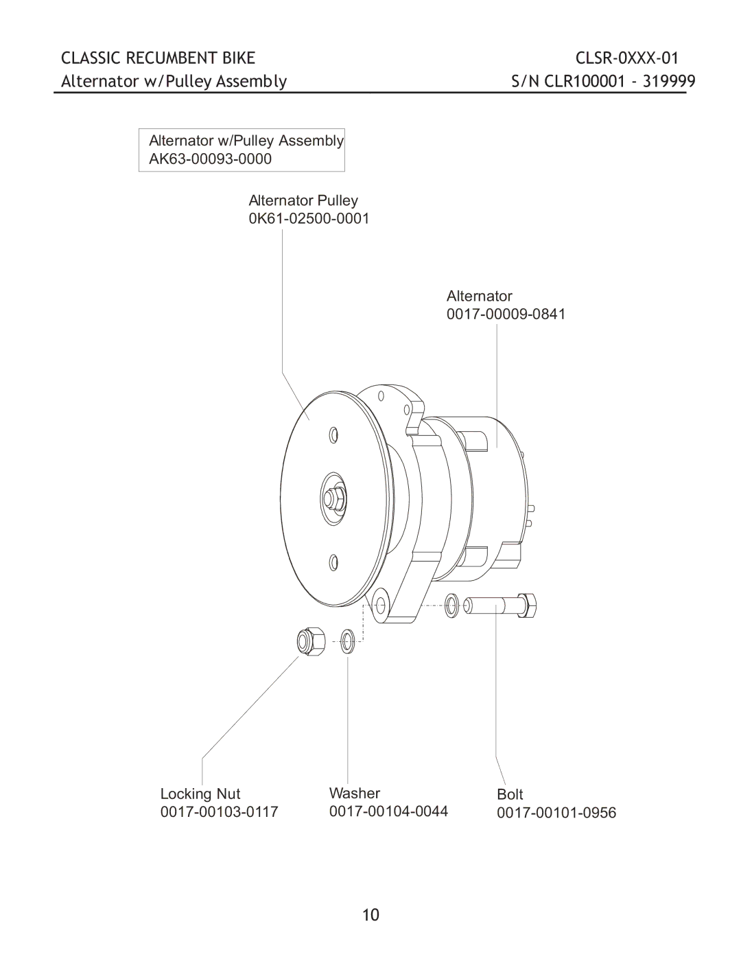 Life Fitness CLSR-0XXX-01 manual Alternator w/Pulley Assembly 