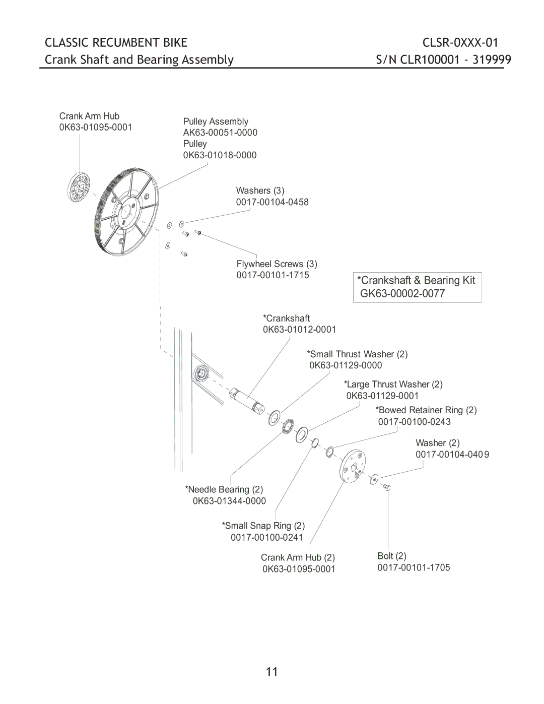 Life Fitness CLSR-0XXX-01 manual Crank Shaft and Bearing Assembly, Crankshaft & Bearing Kit GK63-00002-0077 