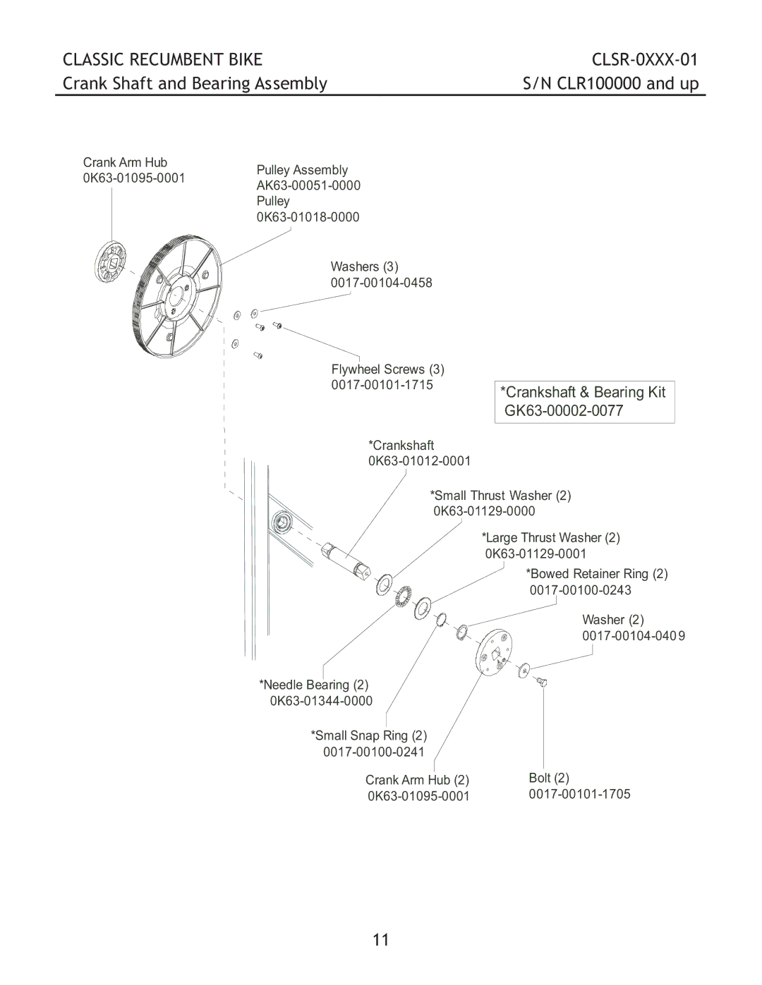 Life Fitness clsr-0xxx1-01 manual Crank Shaft and Bearing Assembly, Crankshaft & Bearing Kit GK63-00002-0077 